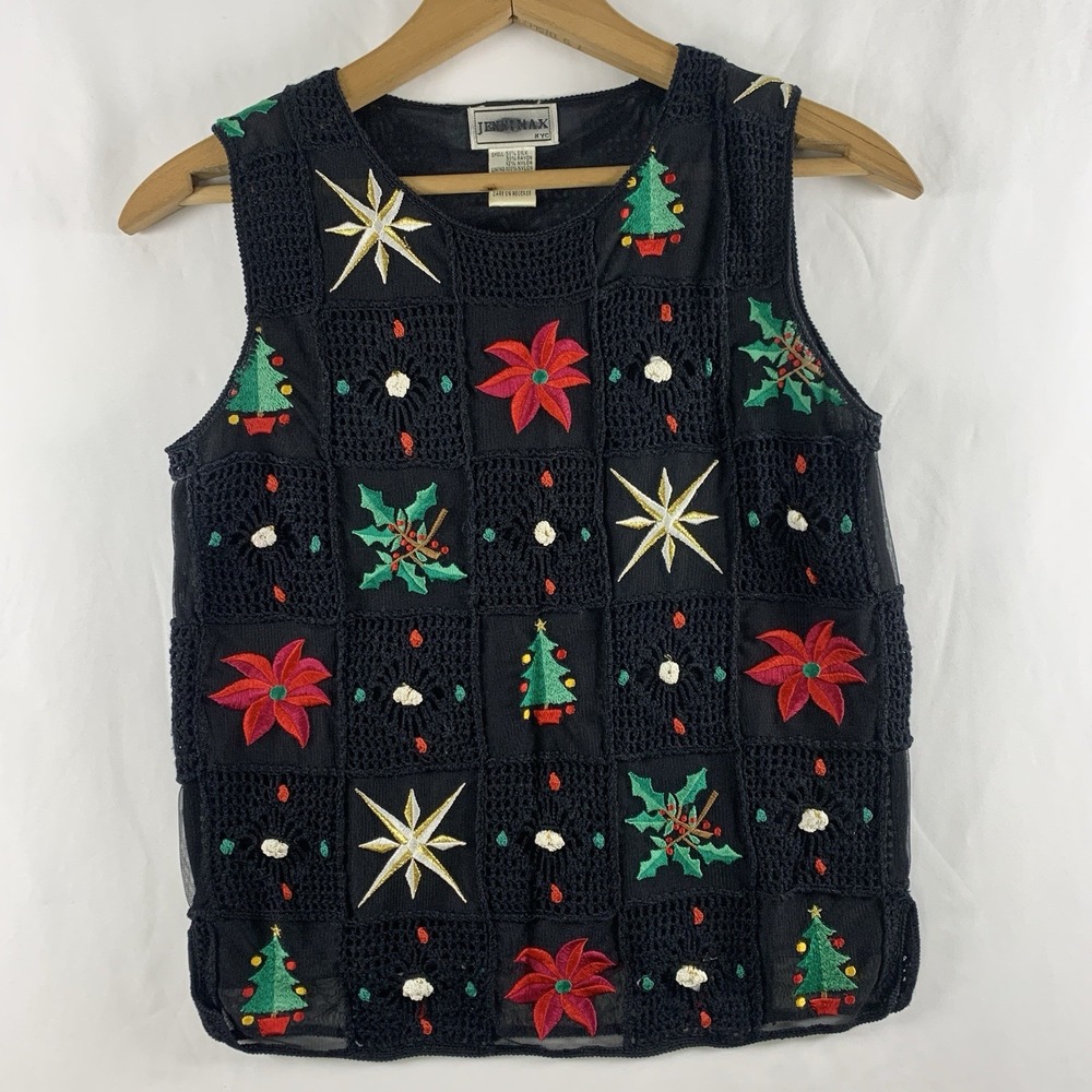 Womens Sheer Mesh Crochet Patchwork Embroidered Christmas Top Size XS Holiday